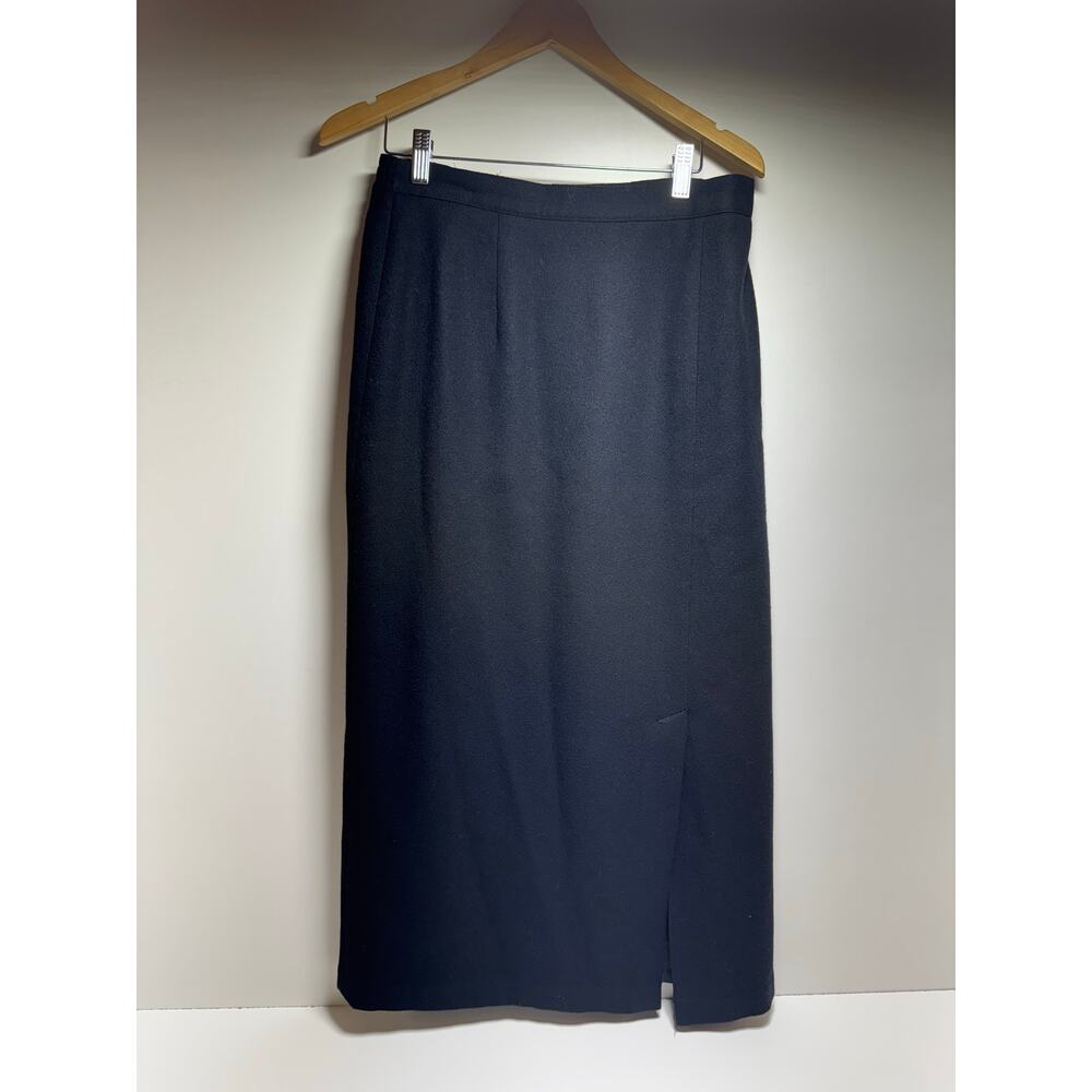 100% Pure New Wool Woolmark Sz 10 Black Skirt Slit Front Pencil MIDI Career